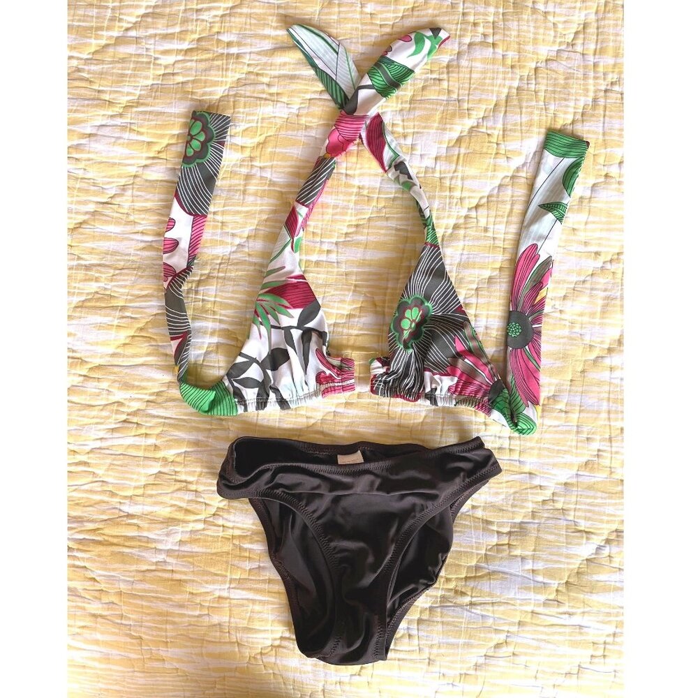 NWOT XS Lisa Curran Bikini Floral Square Center Halter Top & Brown Solid Bottoms